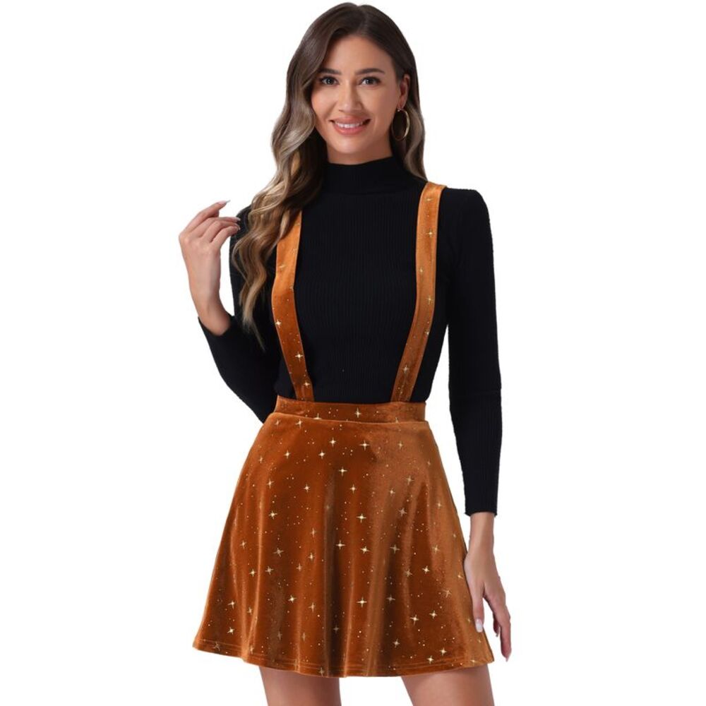 Stars Velvet Suspender Skirt High Waist Mini Pinafore Overall Dress Caramel